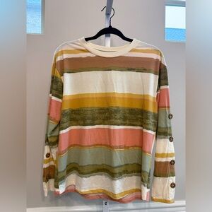 Tru Self Striped Long Sleeve Top Earthy Tones Button Sleeve Size M